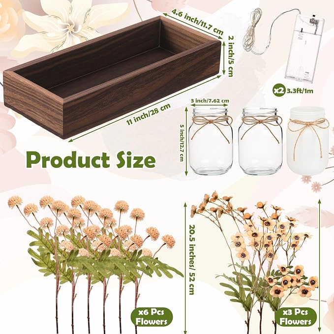 Suncalla 3 Pcs Summer Mason Jar Centerpiece Table Decorations Khaki Faux Kiku - Image 2