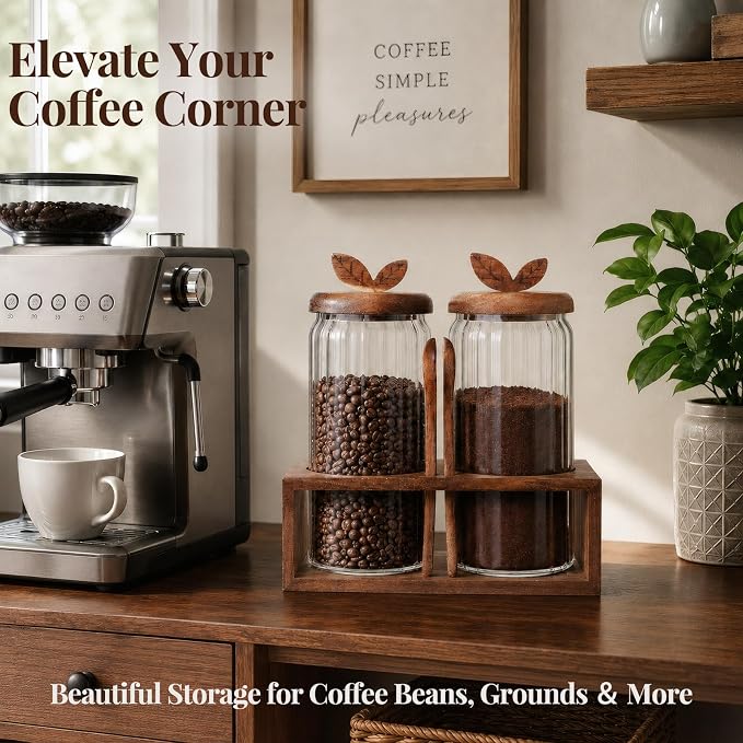 Airtight Coffee Sugar Canister Set, 2 × 34 floz Acacia Coffee Grounds Container - Image 2