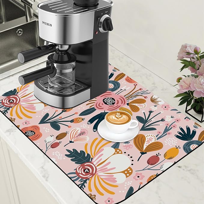 Dish Drying Mat Pink Flowers Berries Leaves Coffee Bar Mat by Unknown