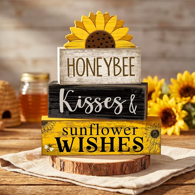 Lineshading 4 Pcs Summer Table Decor Wooden Sunflower Tiered Tray Decor Rustic - Image 2