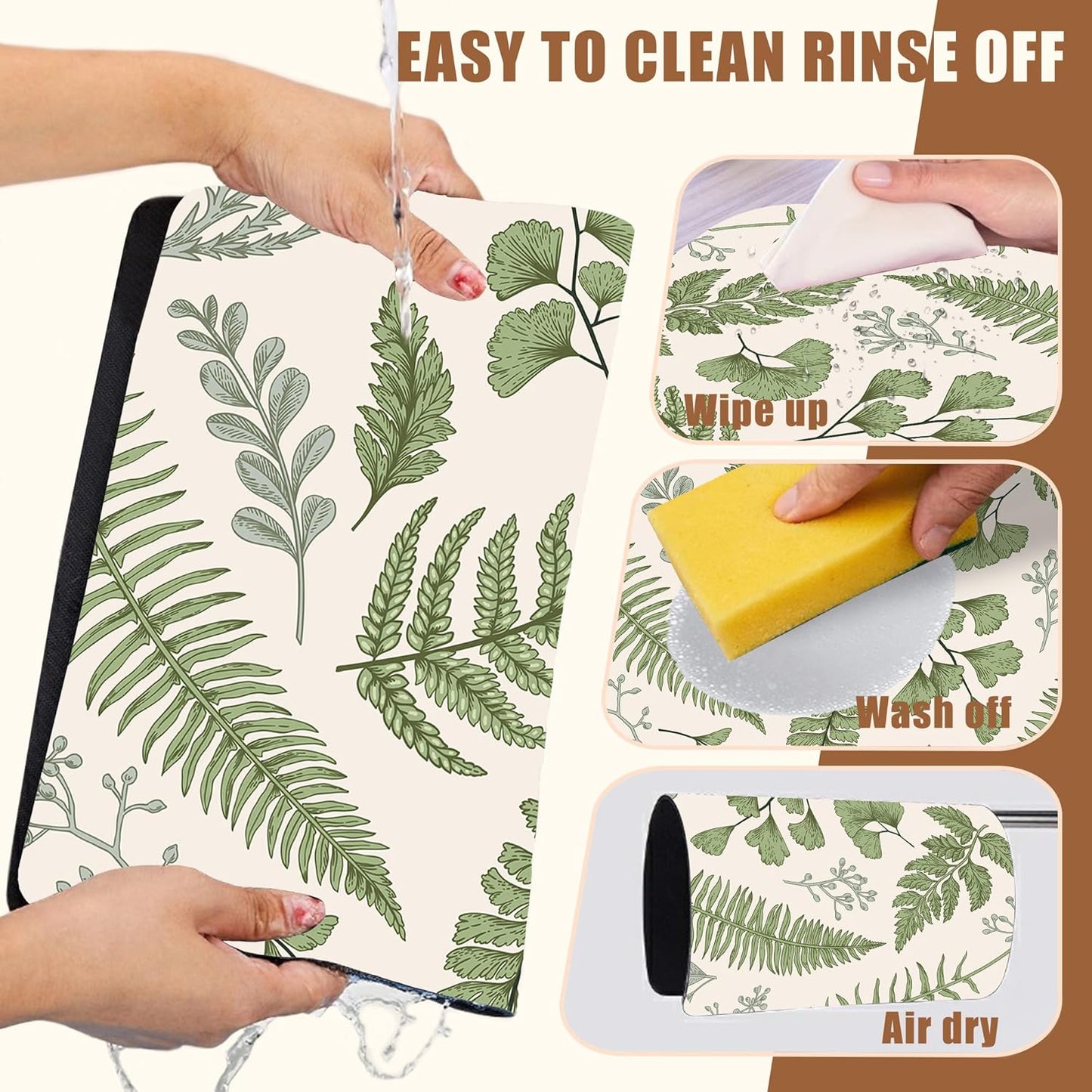 Leaves and Herbs Dish Drying Mat for Kitchen Counter Bar Mat Hide Stain Absorbent Rubber Backed Coffee Maker Espresso Machine Bar Accessories 11.8 x 19.7 Inch