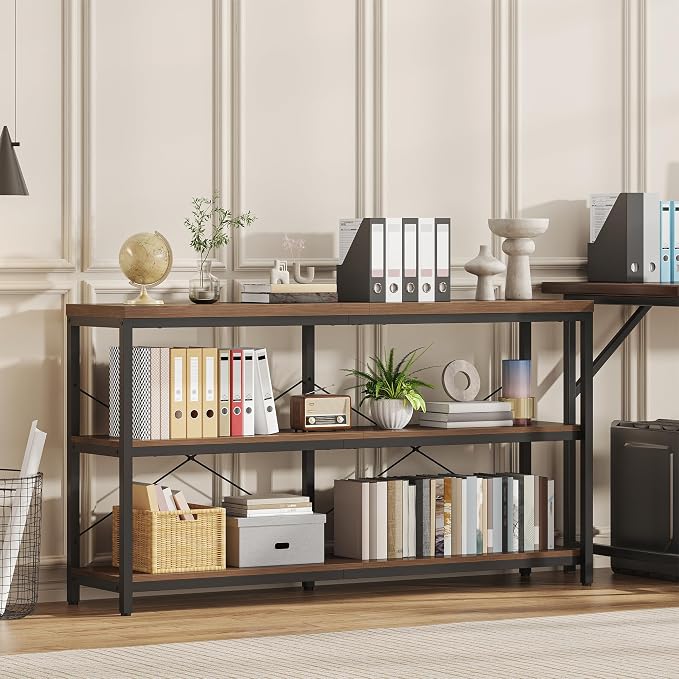 3-Tier Industrial Bookshelf, Wide Wood Horizontal Bookcase, Open Large Book - Image 3