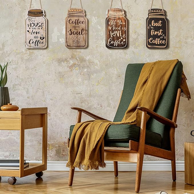 Jetec 4 Pcs Coffee Bar Decor Mason Jar Wood Sign Wall Hanging Plaque But First - Image 4