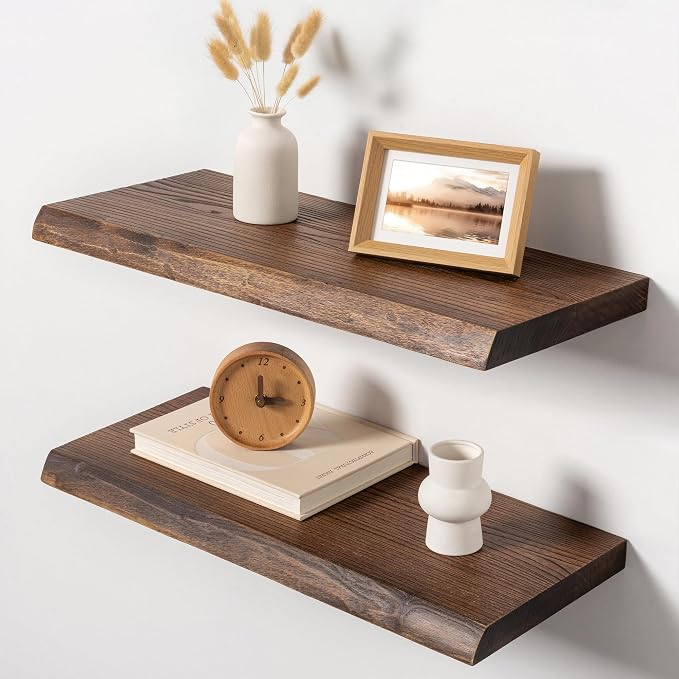 24" Live Edge Floating Shelves, 1.4" Extra Thick Solid Elm Wood Wall Shelf by Unknown
