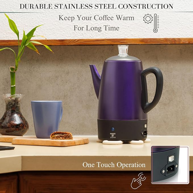 Moss & Stone 10 Cup Purpale Percolator Coffee Pot Electric, Stainless Steel - Image 6