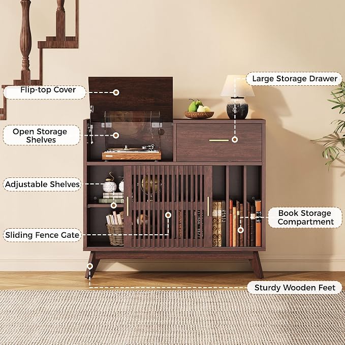 IRONCK Storage Cabinet with Drawer, Coffee Bar Cabinet with Sliding Door - Image 9