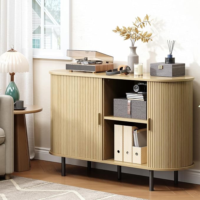Buffet Cabinet with Storage, Fluted Sideboard Buffet with Sliding Door - Image 6