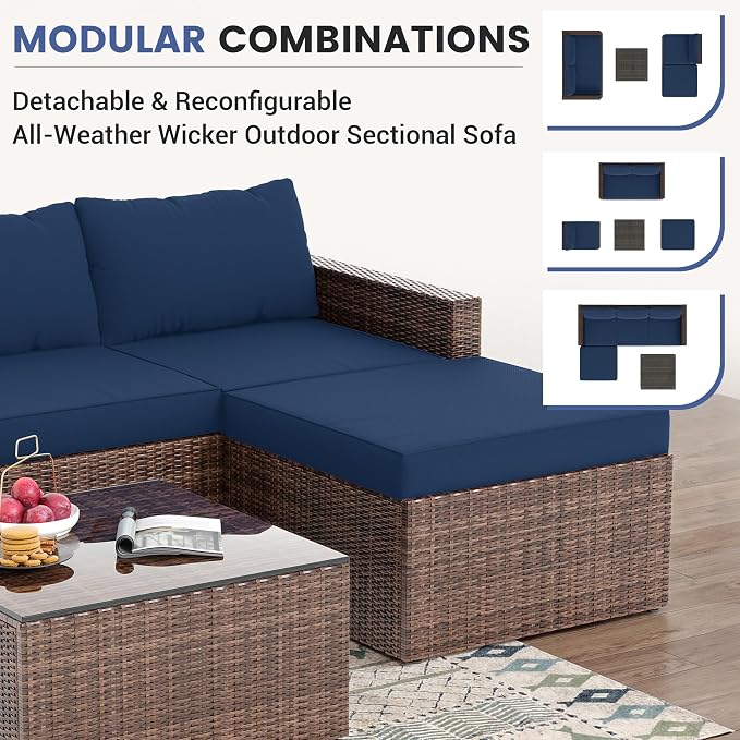 UDPATIO 5 Piece Patio Furniture Set, All-Weather Wicker Outdoor Sectional Sofa - Image 2
