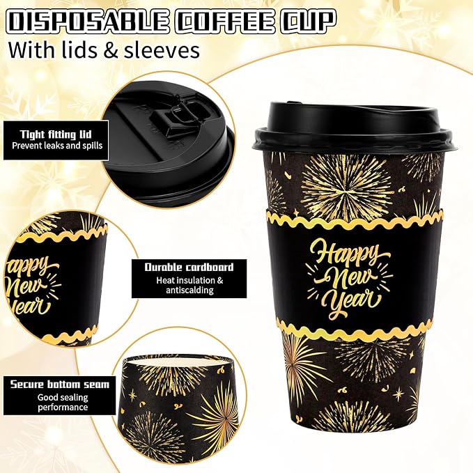 Whaline 50 Pcs 16 Oz Happy New Year Disposable Coffee Cups - Image 3