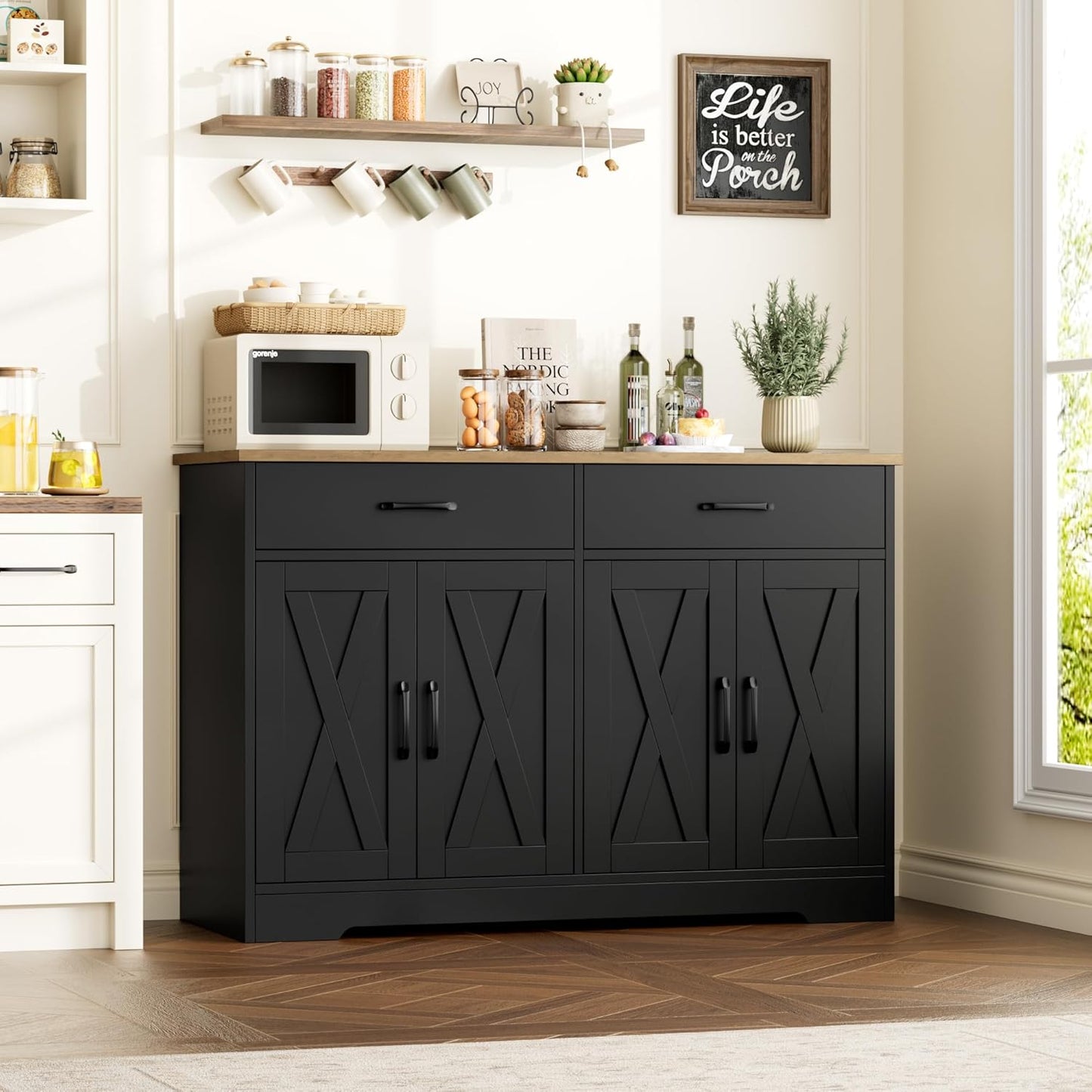 HOSTACK Buffet Cabinet with Storage, 47.2" Kitchen Sideboard Buffet with Drawers, Modern Farmhouse Coffee Bar Station with Shelves, Barn Doors Storage Cabinet for Living Room, Black/Rustic Brown