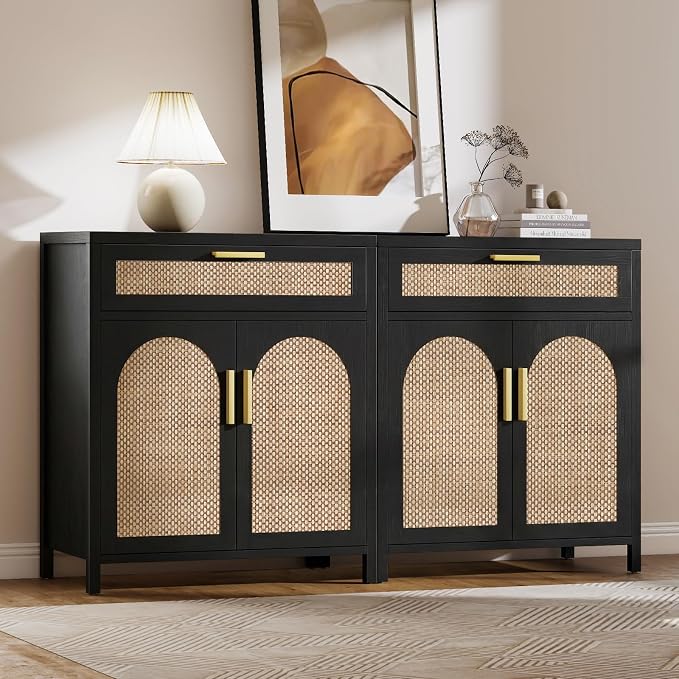 Rattan Buffet Cabinet with Storage, Sideboard Cabinet with Doors and Shelves - Image 8