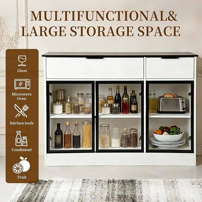 Buffet Cabinet with Drawers, Buffet Storage Cabinet with Transparent Glass Doors - Image 5
