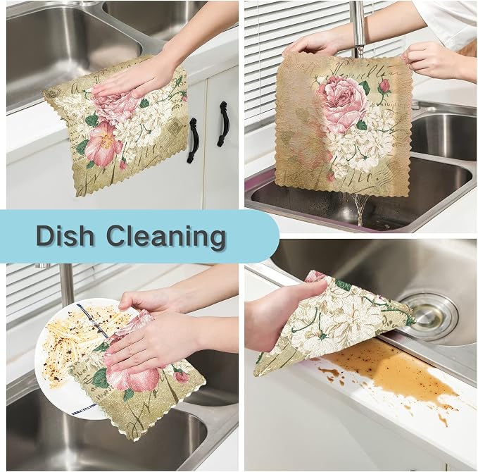 ALAZA Dish Towels Kitchen Cleaning Cloths Vintage Shabby Chic Pink Rose Floral - Image 2
