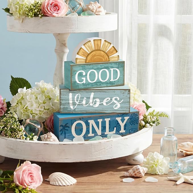 Lineshading 4 Pcs Beach Themed Table Decor Good Vibes Only Wood Block Sign - Image 4