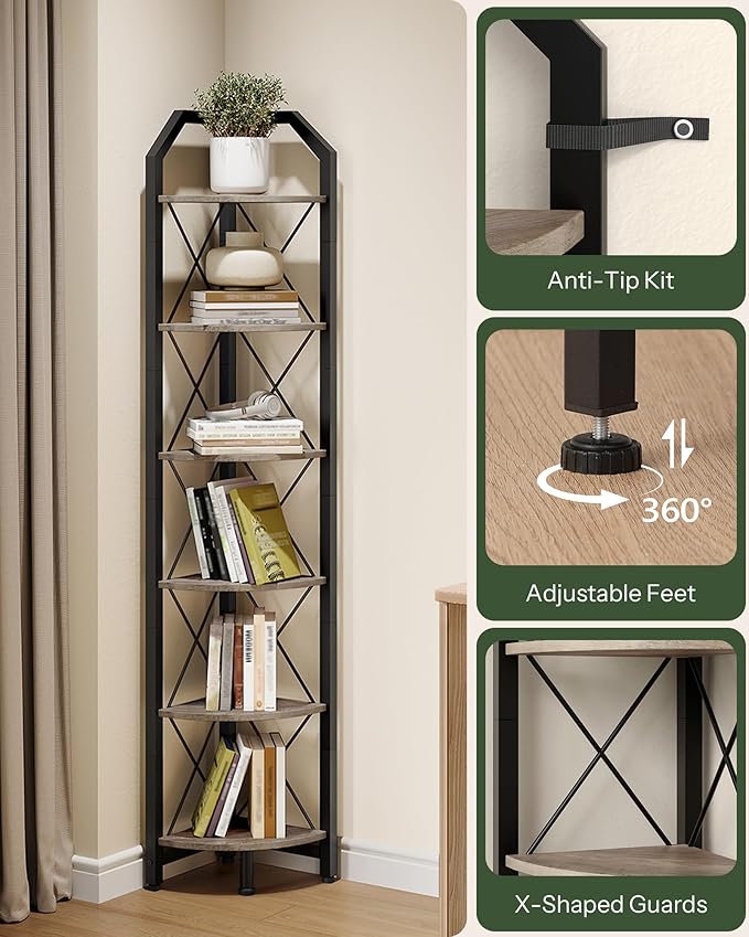 CHOEZON 6-Tier Corner Shelf, Industrial Corner Bookshelf, 71.2" Corner Storage - Image 4
