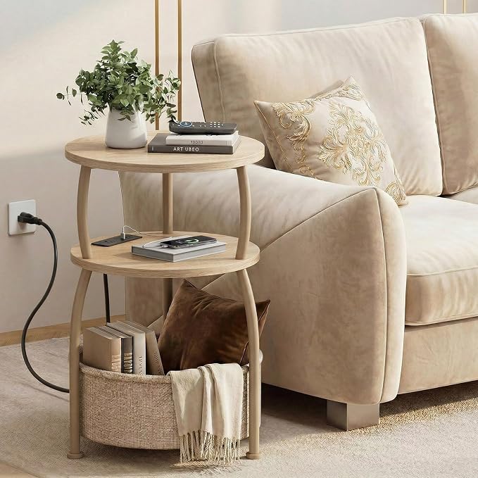Round Side Table with Charging Station, USB Type C Port, Oak | End Table with - Image 7