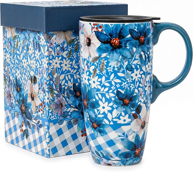 Topadorn Blue Floral Ceramic Travel Mug by Topadorn