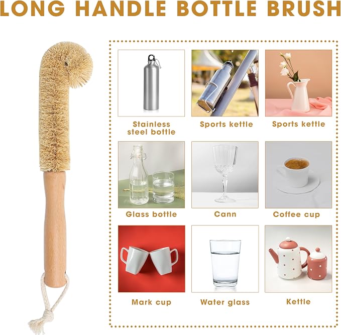 2PCS Coconut Brush Fiber Bottle Wooden Cleaning Brush, Scrub Head - Image 3