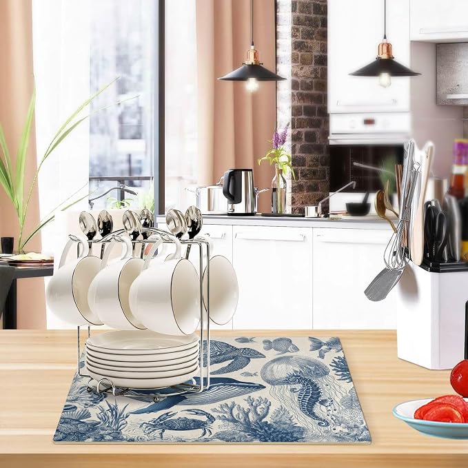 Deep Blue White Whale Turtle Jellyfish Retro Marine Style Coffee Mat Coffee Bar - Image 6