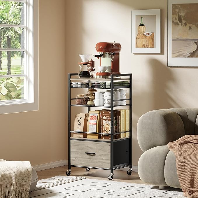 Coffee Bar Cabinet with Storage，5 Tier Coffee Station Table on Wheels, 33.6" H - Image 7