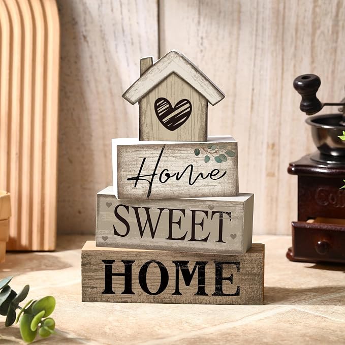 Moucuny 4 Pcs Wooden Farmhouse Tabletop Decor Rustic Home Tiered Tray Decor - Image 2