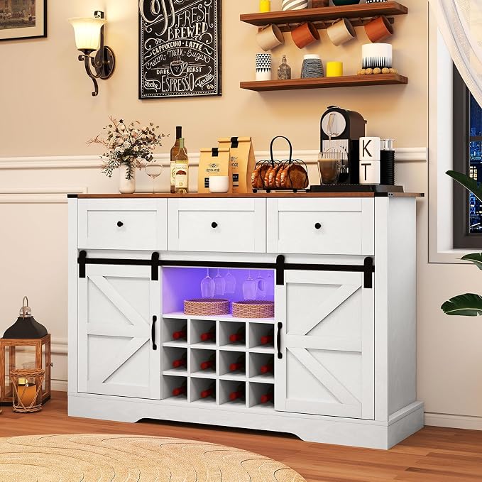 Giantex Wine Bar Cabinet with LED Lights, 3 Drawer, Adjustable Shelf, 12 Bottle - Image 2