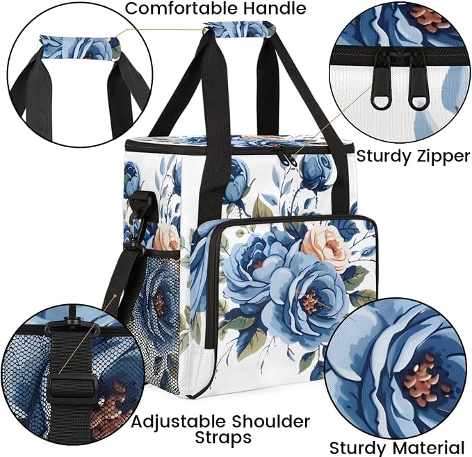 Vintage Blue Roses Coffee Maker Carring Bag, Large Insulated Storage Organizer - Image 6