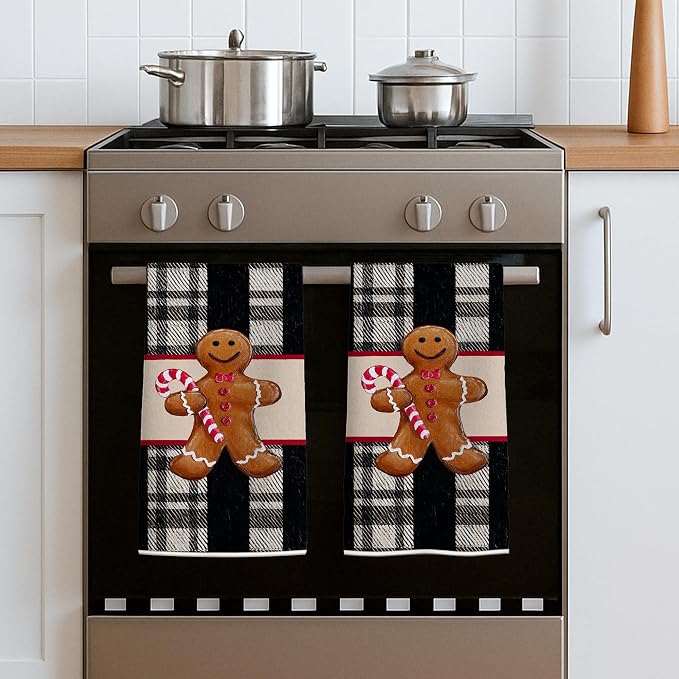 Gingerbread Kitchen Towels, Christmas Festive Candy Cane Plaid Christmas Black - Image 5