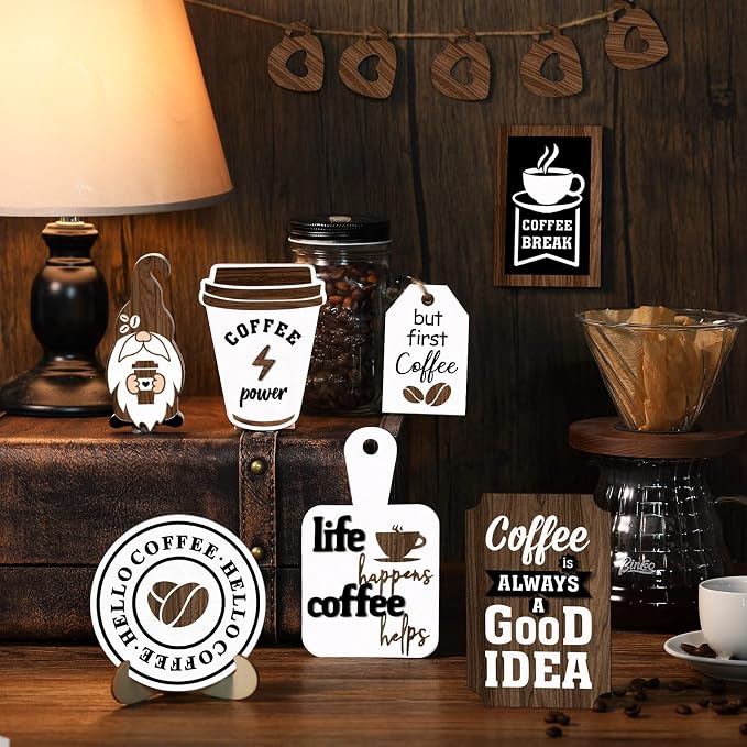 Yalikop 12 Pcs Coffee Bar Decor Tiered Tray Decor Set Farmhouse Wooden Gnomes - Image 5