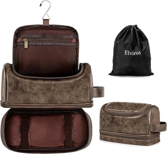 Elviros Toiletry Bag for Mens PU Leather Travel Organizer Kit by Elviros