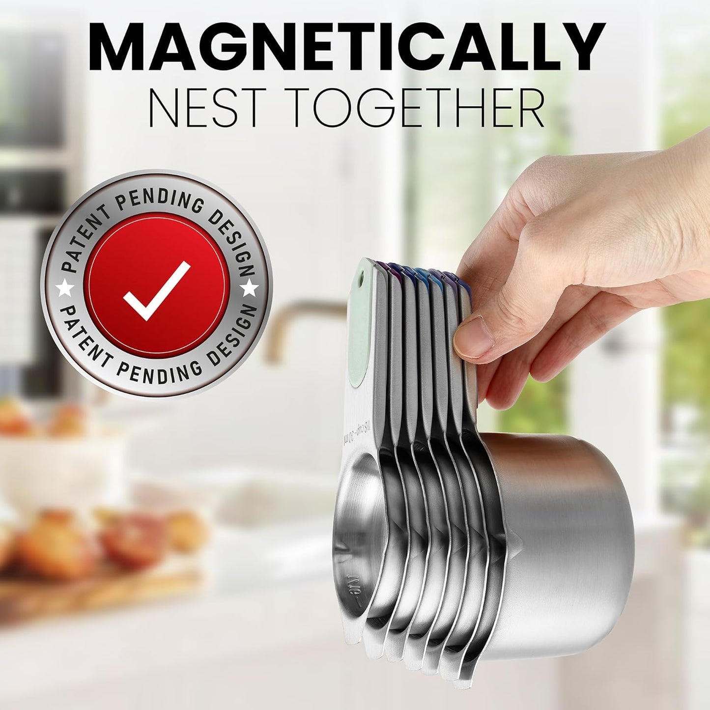 Spring Chef Magnetic Stainless Steel Measuring Cups (Patent Pending), Kitchen Tools with Easy to Read Markings for Measuring Dry or Liquid Ingredients, Set of 7, Winter Frost