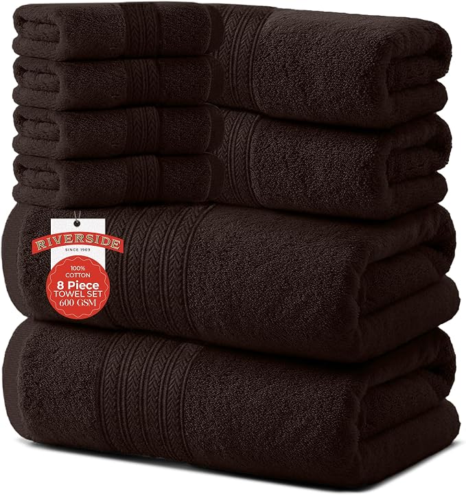 RIVERSIDE Pack of 8 Towels Set, 2 Large Bath, 2 Hand, 4 Face Washcloths by RIVERSIDE