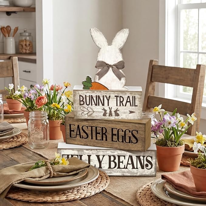 Lineshading 4 Pcs Easter Table Decoration Wooden Rabbit Easter Day Tiered Tray - Image 5