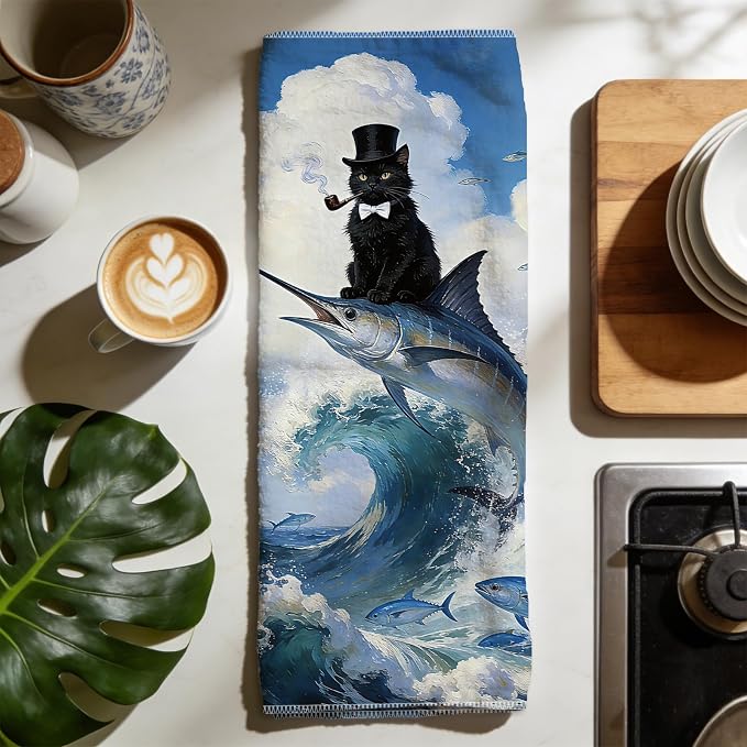 CUTHOLLOW Interesting Surfing Cat Decorative Kitchen Towels Set of 4, - Image 5