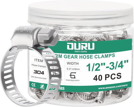 40PCS Hose Clamps Stainless Steel Adjustable 1/2"– 3/4"(13-19mm) Worm Gear Hose Clamp, Heavy Duty Metal Small Hose Clamps for Automotive, Pipe, Radiator Plumbing, Fuel Line