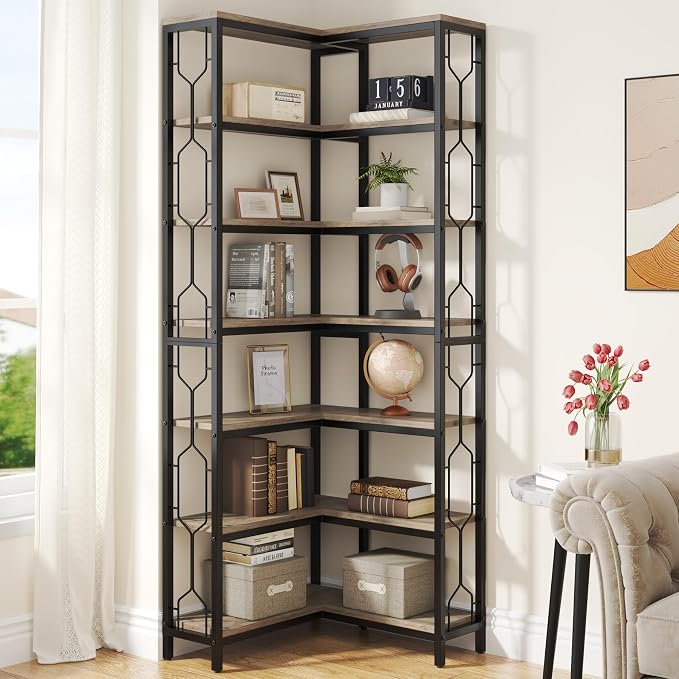 Tribesigns Corner Shelf, 7-Tier Industrial Corner Bookshelf, Wood and Metal by Unknown