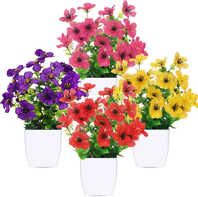 CEWOR Fake Plants 4 Packs Small Faux Potted Flower Daisy by CEWOR