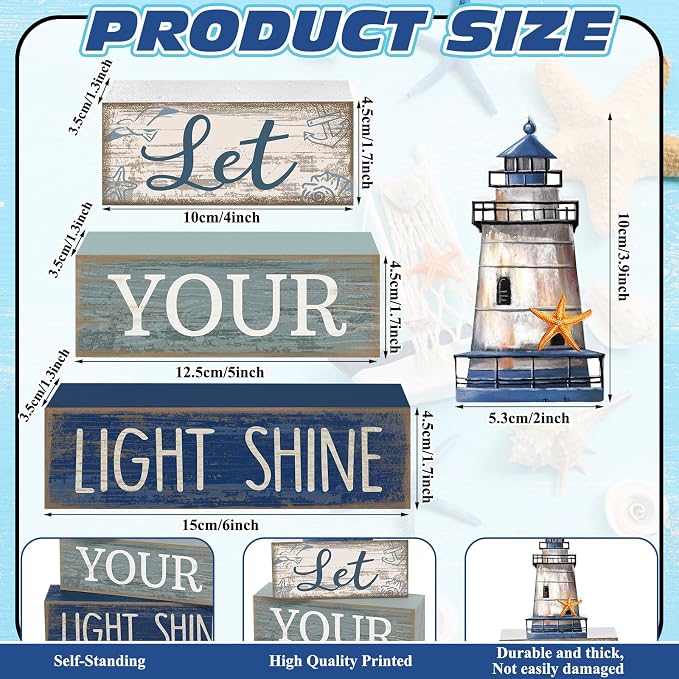 Lineshading 4 Pcs Beach Coastal Table Decor Wooden Lighthouse Decoration - Image 3