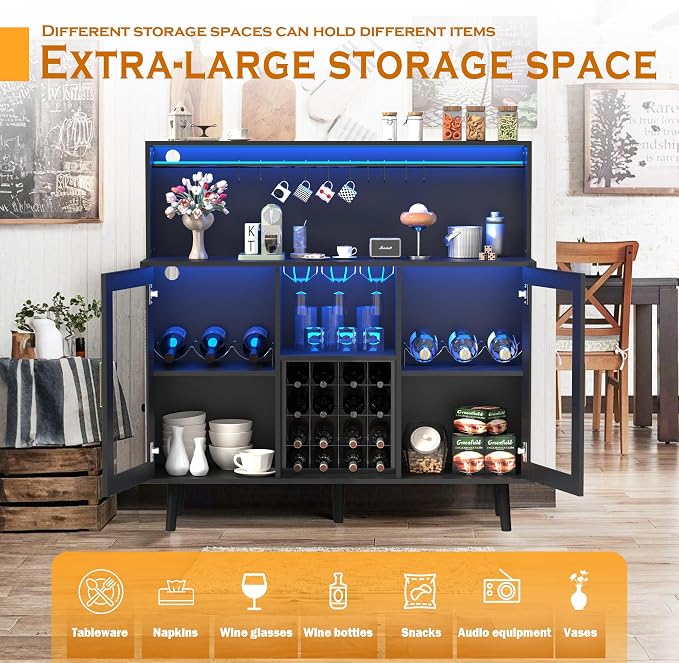 Wine Bar Cabinet with LED Light, Liquor Coffee Cabinet Bar w/Wine Rack & Glass - Image 8