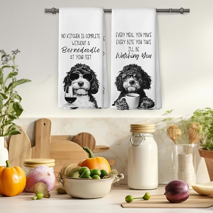 Funny Bernedoodle Kitchen Towels Set of 2, Dog Kitchen Accessories, Coffee Wine - Image 4