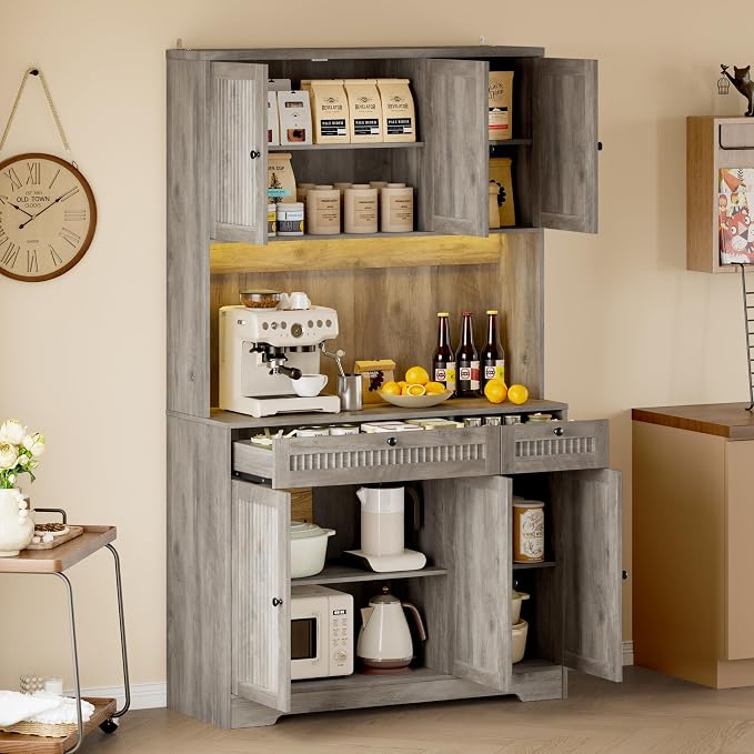 BORNOON Pantry Cabinet with Charging Station and Light, Tall Kitchen Pantry - Image 3