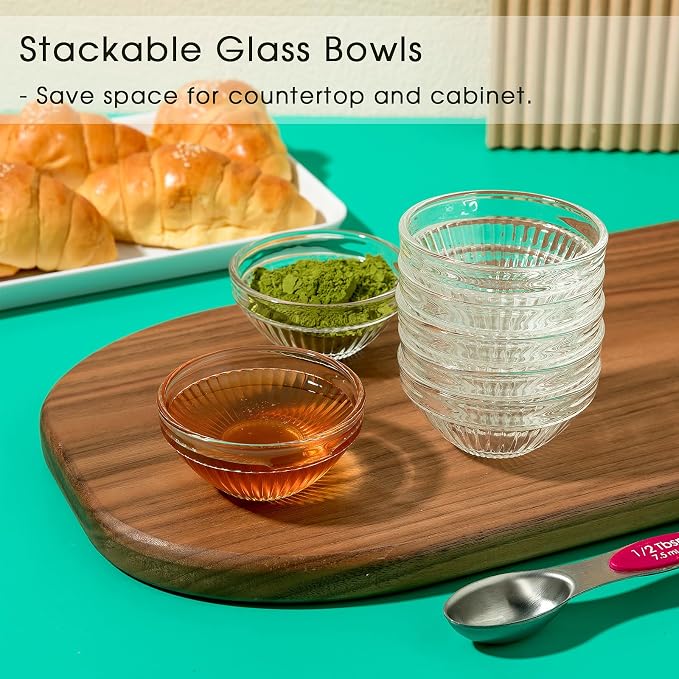 10 Set Mini Glass Prep Bowls, 2.5oz Ribbed Small Bowls Stackable Ingredient - Image 3