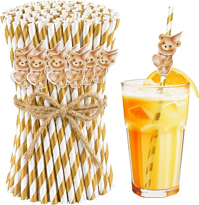 Disposable Bear Drinking Straws, Woodland Baby Party Supplies, Birthday Party by wuguimeii