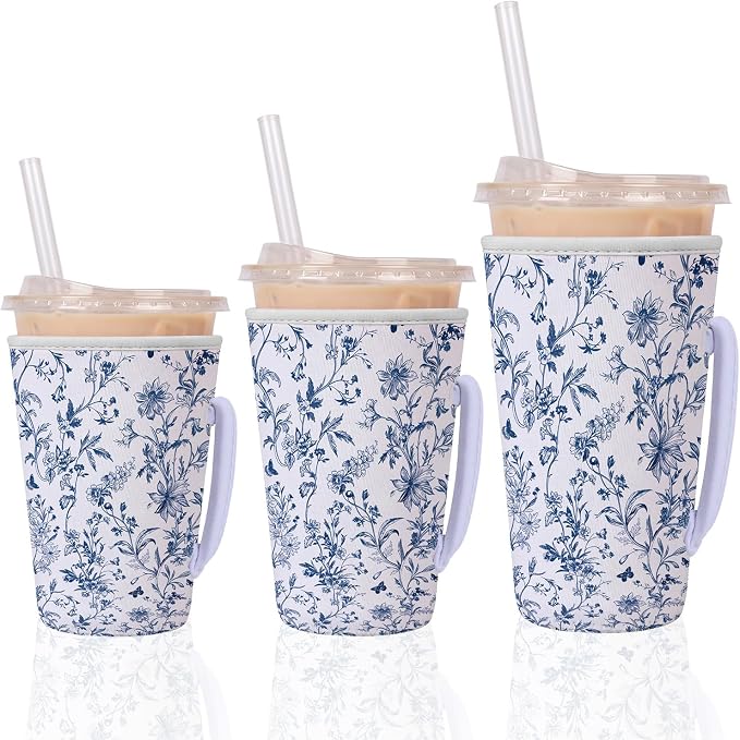 Blue Floral Reusable Insulated Iced Coffee Cup Sleeve, Flower Insulated Cup by Lovarywow