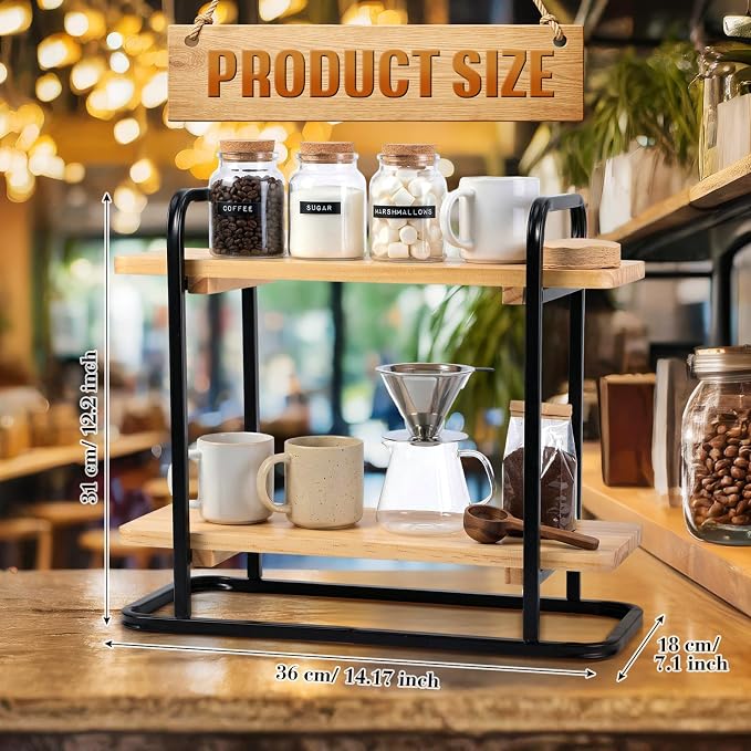 Bokon 2 Tier Coffee Station Organizer, Wooden Coffee Bar Organizer - Image 3