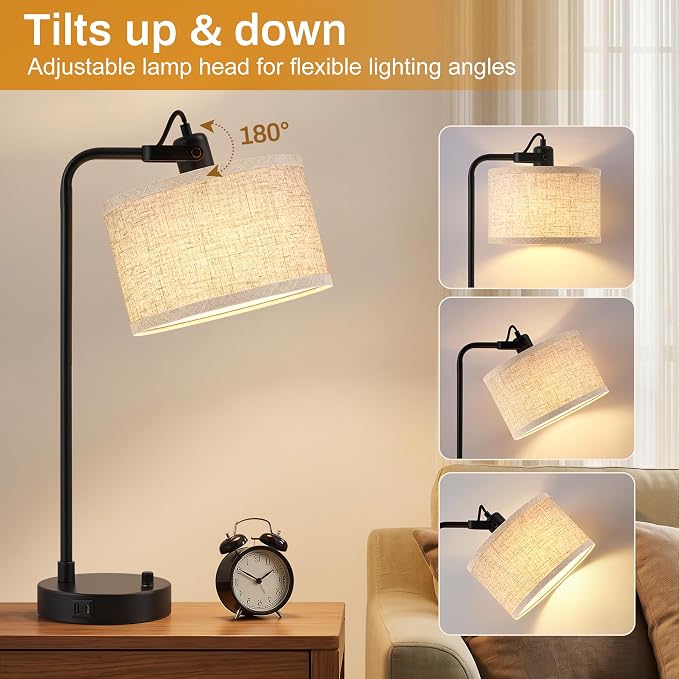 Black Table Lamp Set of 2 with USB A and C Ports, 180° Adjustable Stepless - Image 2