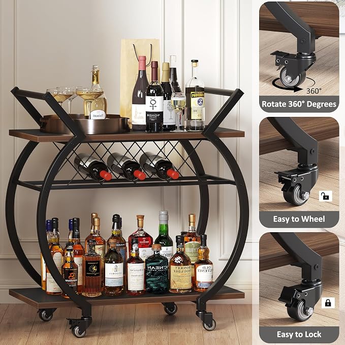LVB Modern Gold Bar Cart, Industrial Rolling Serving Wine Cart - Image 5