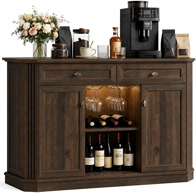 Walnut Coffee Bar with 2 Drawers & 2 Doors, LED Wine Bar Cabinet with Wine by Varello