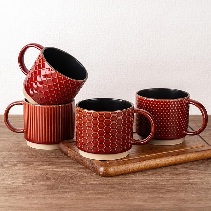 GBhome 15OZ Stackable Coffee Mugs Set of 4, Ceramic Coffee Cups by GBhome
