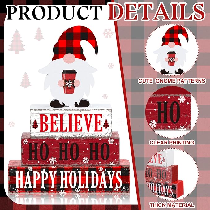 Geelin 4 Pcs Christmas Wooden Table Decorations Xmas Red and White Buffalo - Image 5